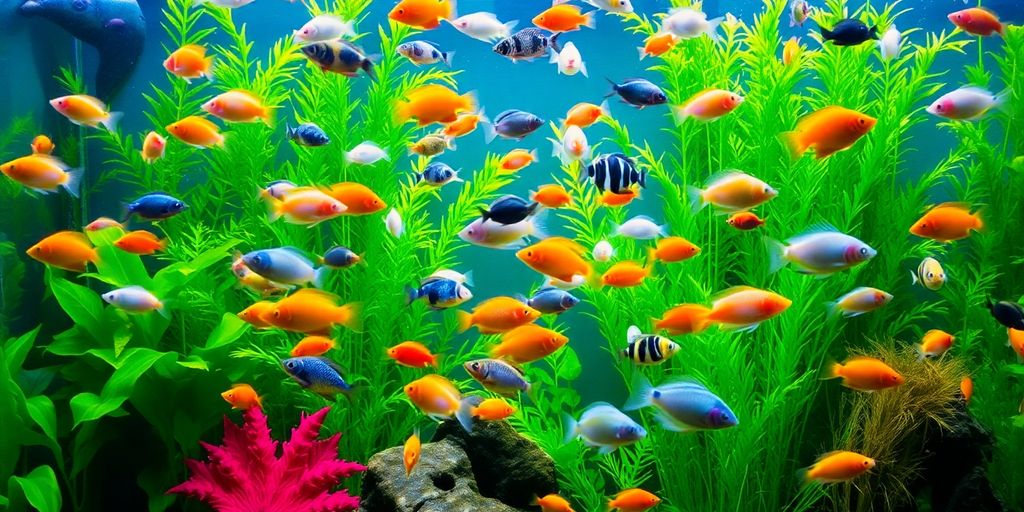 Makukulay na isdang tubig-tabang na lumalangoy sa isang masiglang aquarium.