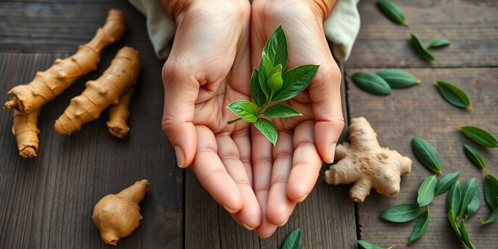 Elderly hands, turmeric, ginger, green tea leaves.