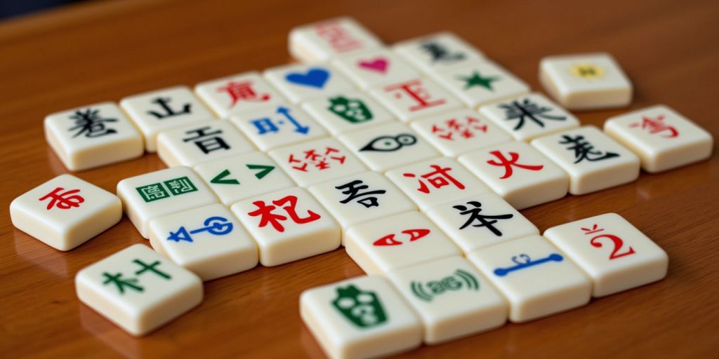 Mahjong tiles arranged on a wooden table.