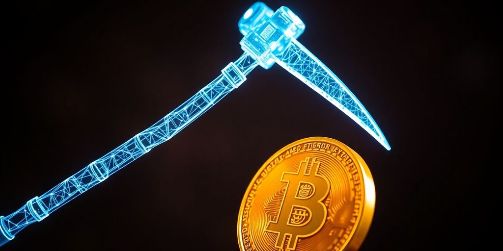 Glowing digital pickaxe striking crypto coin.