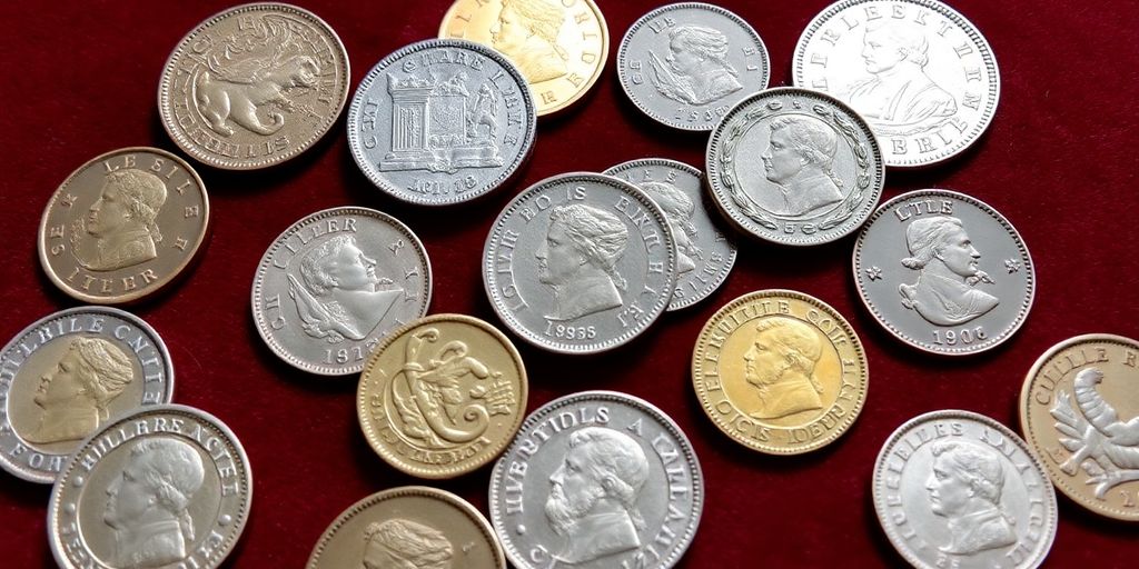 Collection de pièces Napoléon sur un fond en velours.