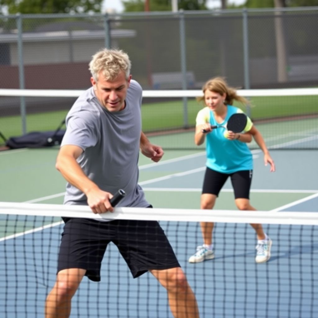 Players positioned strategically on a pickleball court.