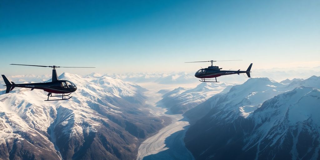 A red helicopter flies over a vast Alaskan glacier.