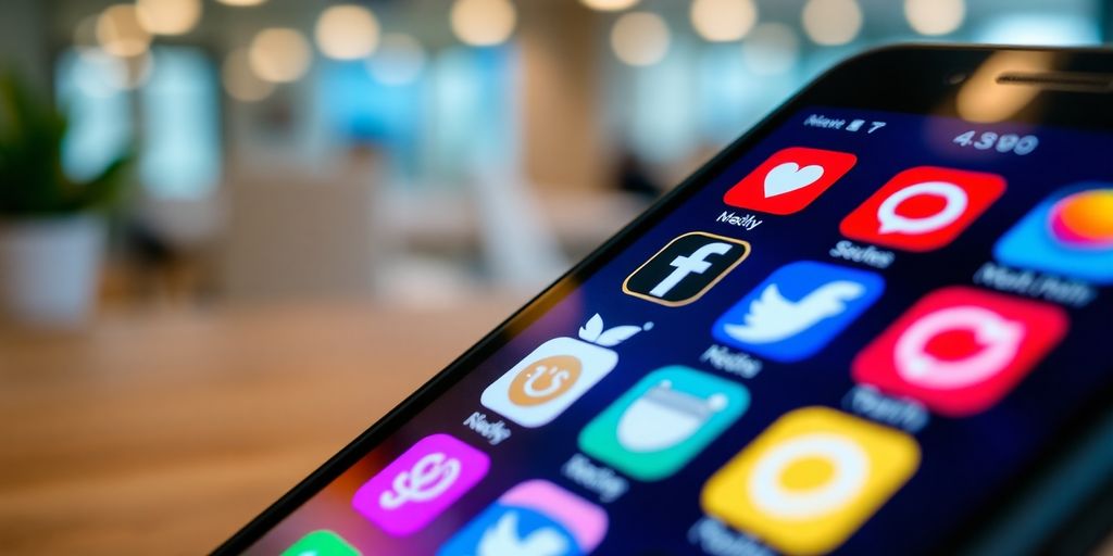 Smartphone with social media icons in a workspace setting.