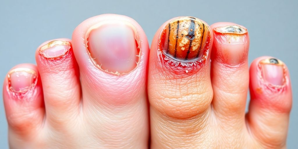 Unhas saudáveis e infectadas por fungos em close.