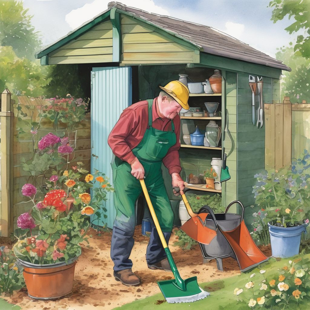 British gardener using a garden hoe in a well-equipped shed