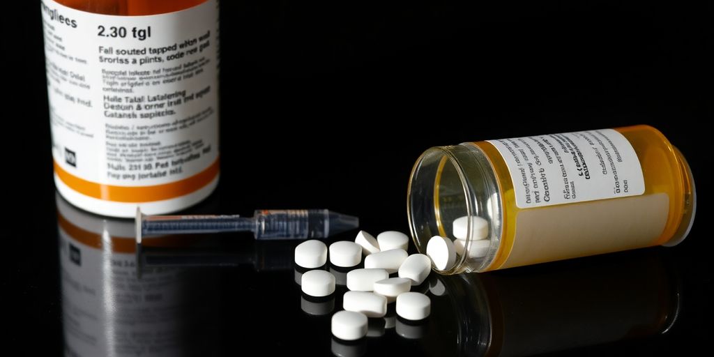 Overlapping shadows of pill bottles and syringes.