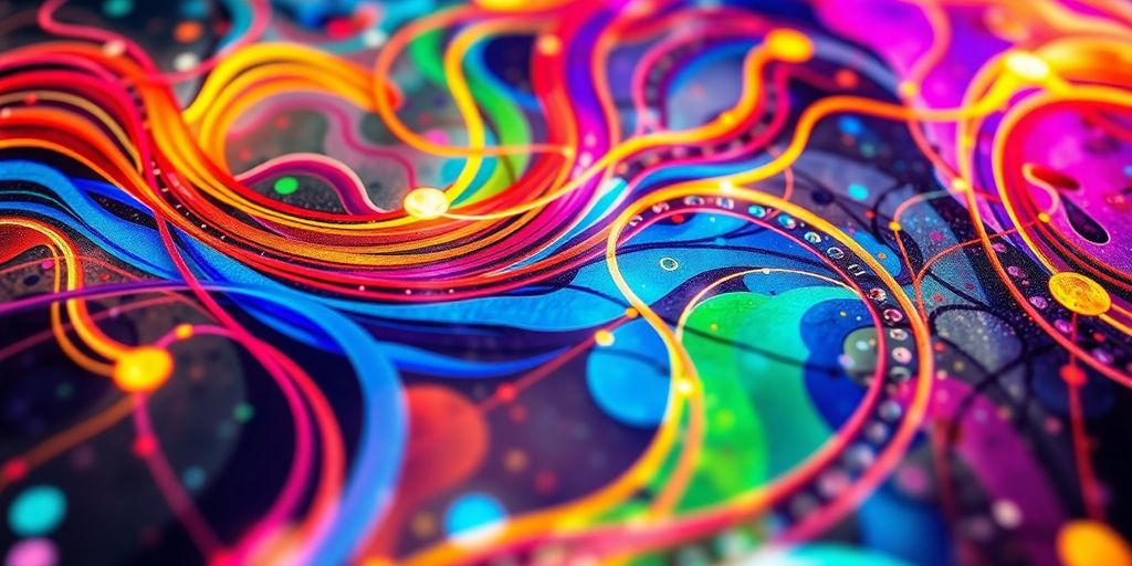 Colorful digital art, flowing lines, abstract shapes.