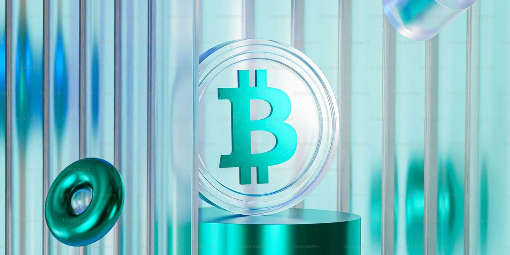 Crypto elements with a Bitcoin symbol and geometric shapes.