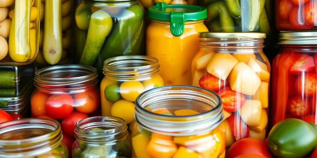 Alimentos em conserva com diferentes cores e texturas.