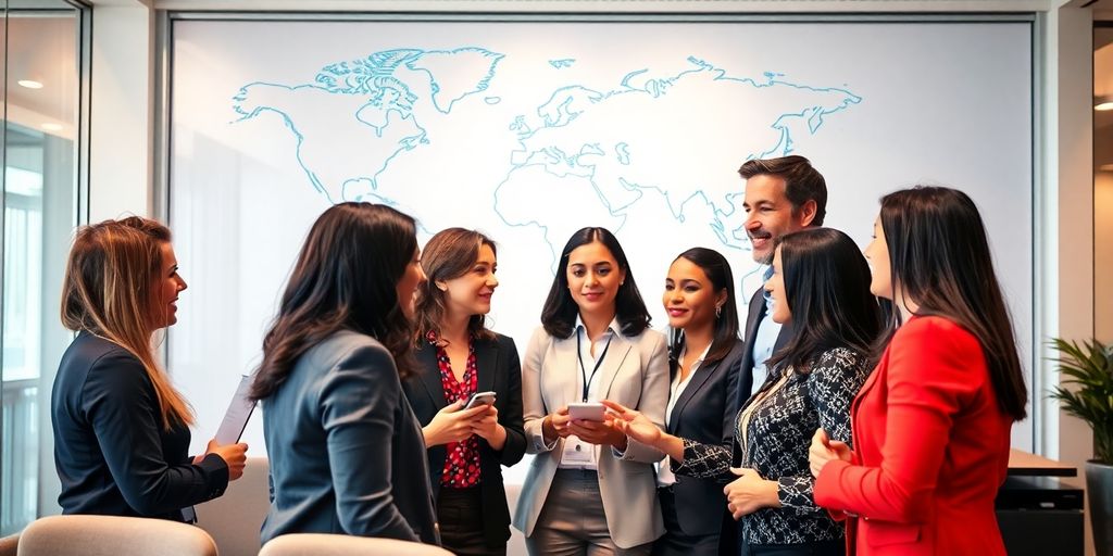 Diverse professionals collaborating in a modern office setting.