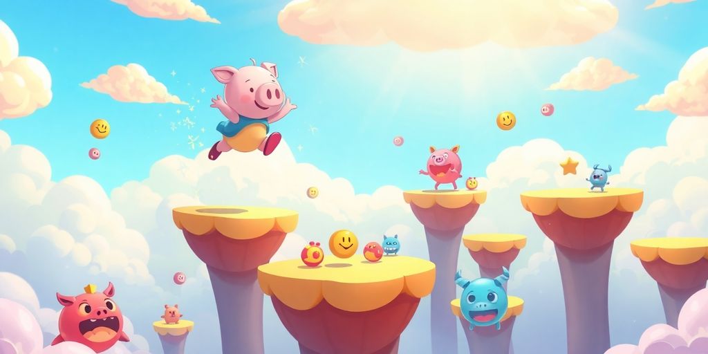 Cartoon jumper leaping between floating platforms amid playful pastel clouds