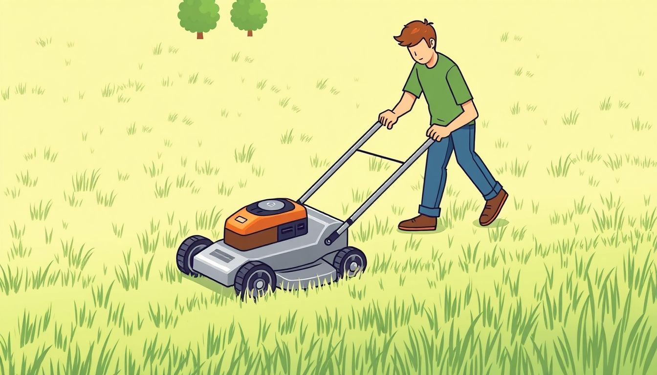 Person mowing lawn with green grass and trees