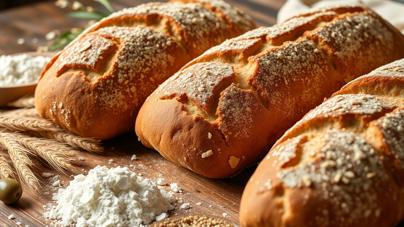 Rustic artisan bread with fresh wheat and flour ingredients.