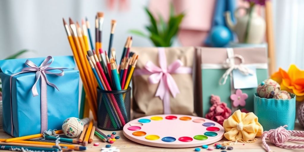 Colorful artistic gifts like paintbrushes and crafts.