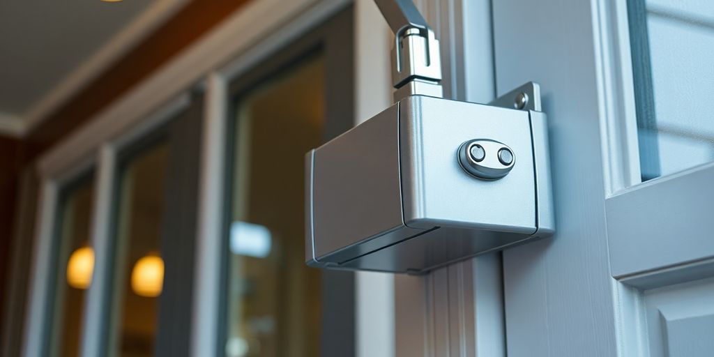 Close-up of a storm door closer on a door.