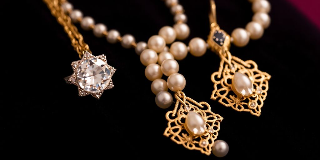 Bague, collier, et boucles d'oreilles anciennes sur un tissu soyeux.