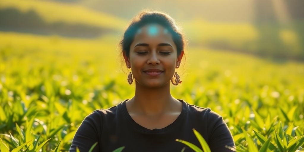 Person meditating outdoors with sunlight and nature.