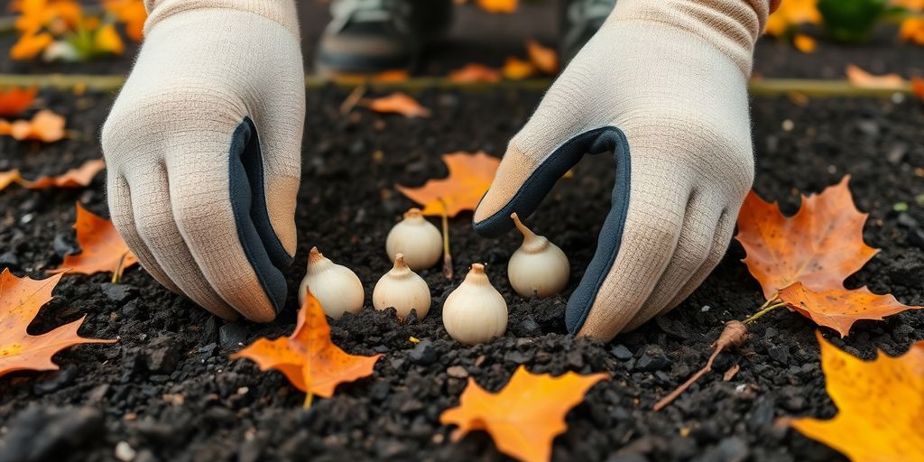 Gärtner pflanzt Zwiebeln im Herbstgarten.