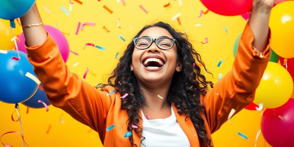 Person celebrating with confetti and festive decorations.