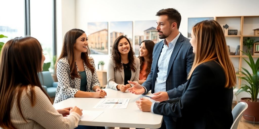Gestionnaire immobilier avec clients dans un bureau moderne.