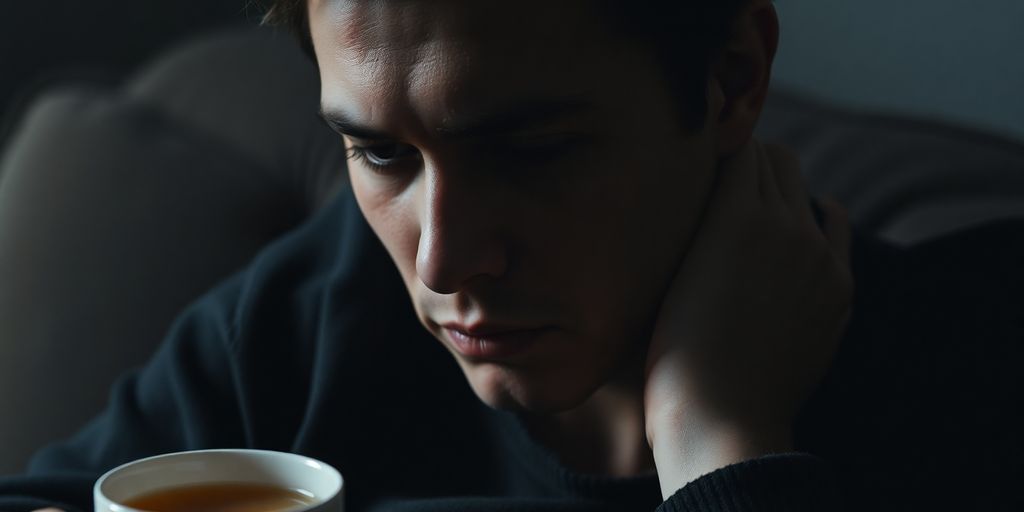 Person contemplating in a dimly lit room with tea.