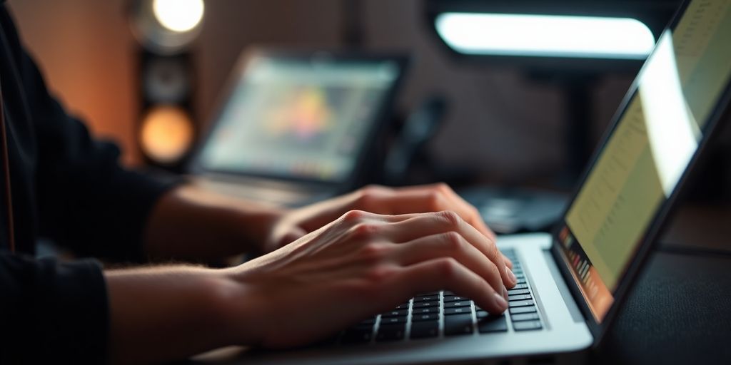 Artist interacting with music platform on laptop.
