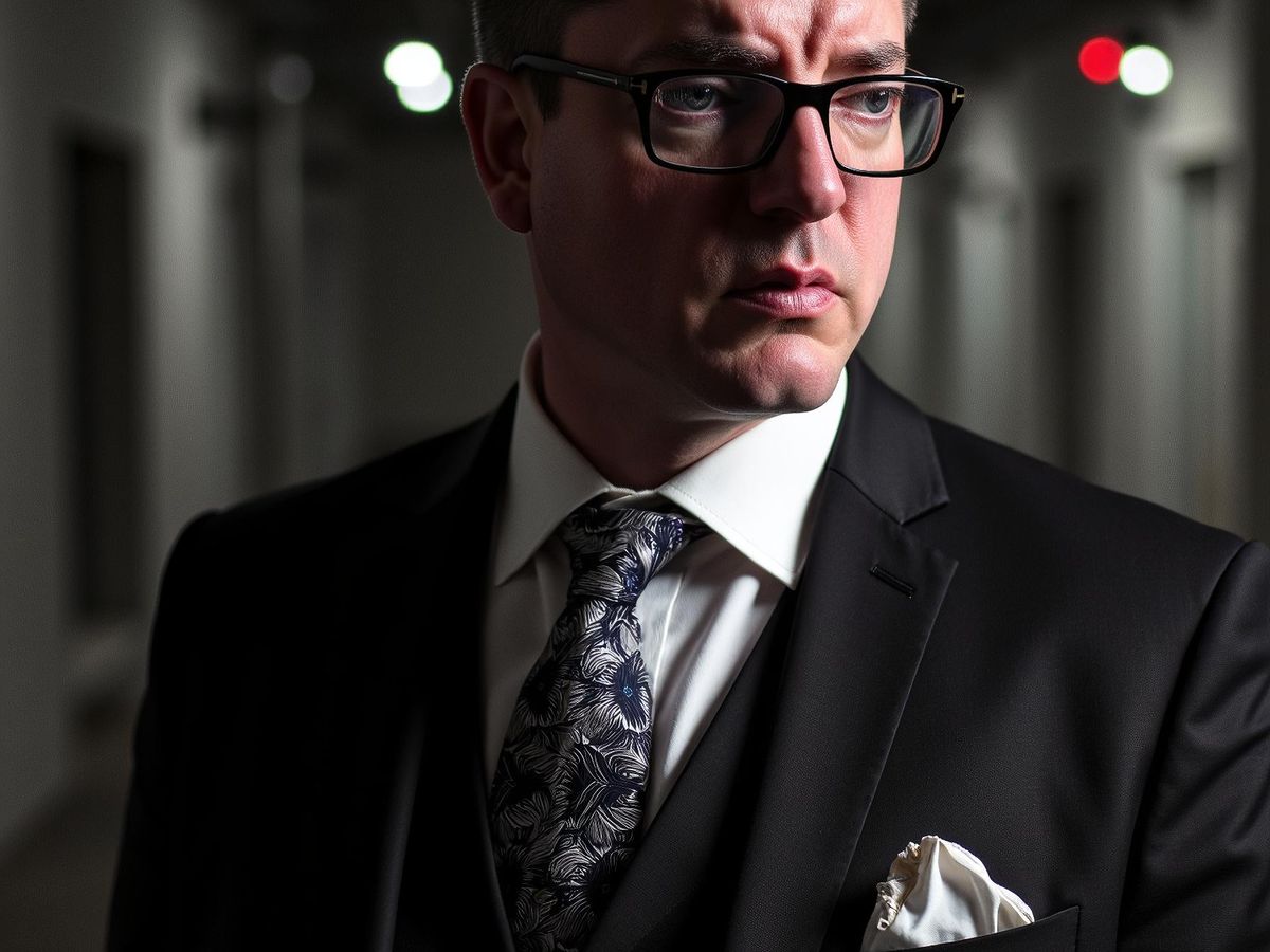 A sharply dressed person in a corridor, looking contemplative.