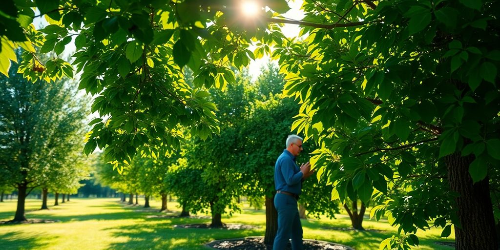 Tree surgeon examining healthy trees in a green landscape.