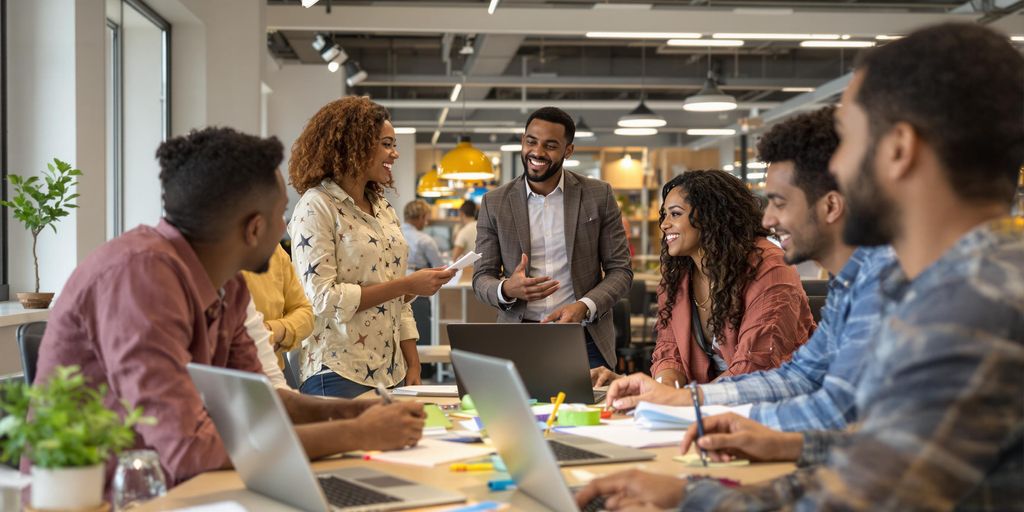 Diverse entrepreneurs collaborating in a modern workspace.