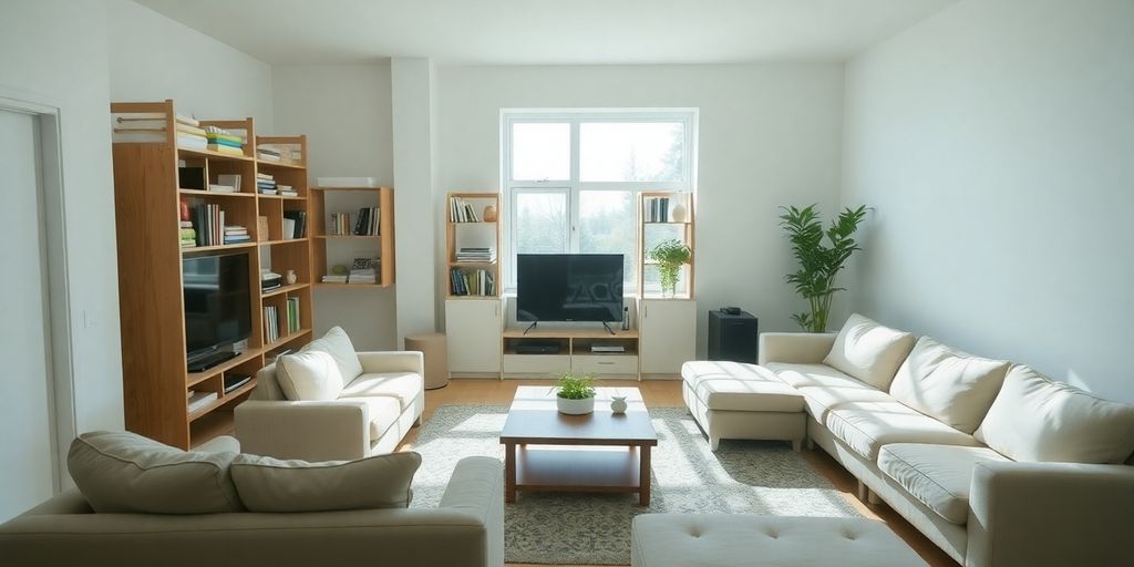 Maison rangée avec des objets organisés.