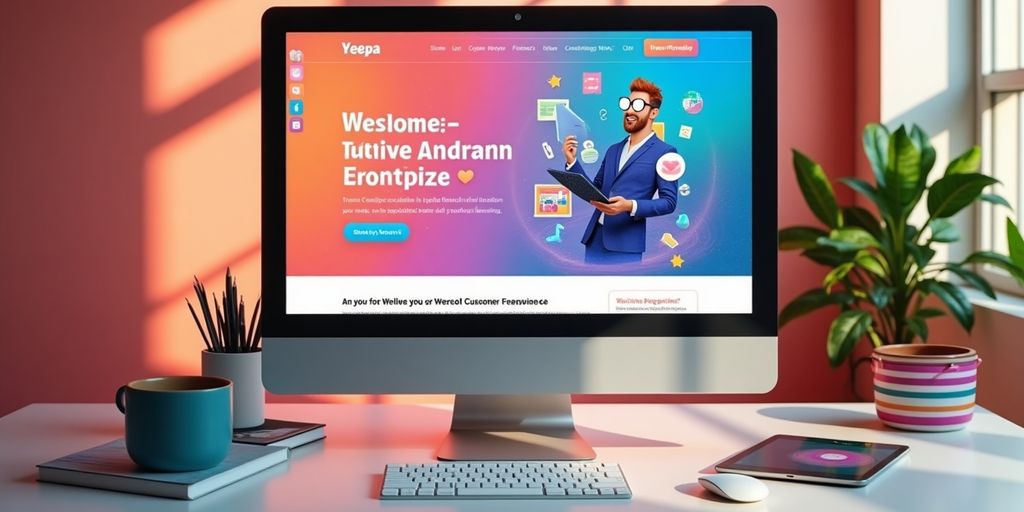 Colorful website design in a modern workspace setting.