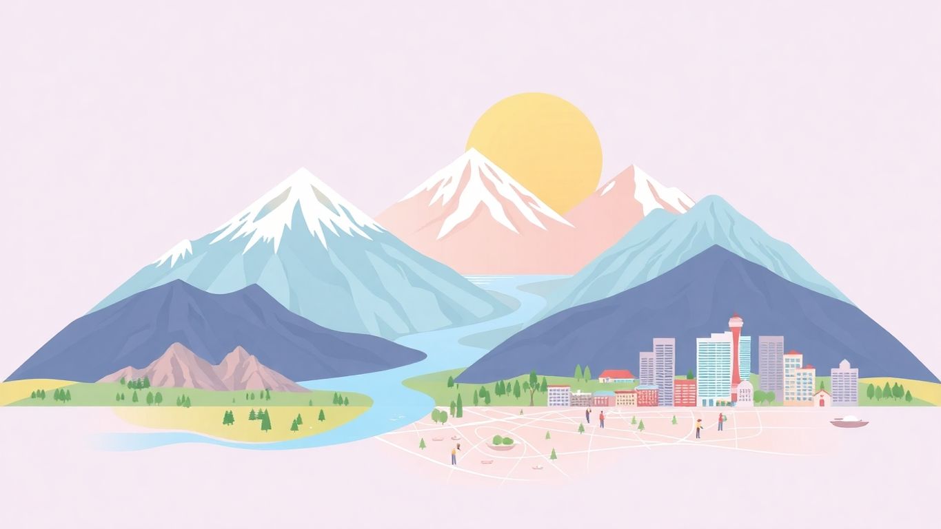 Geografiske landskap som fjell, elver og byer.