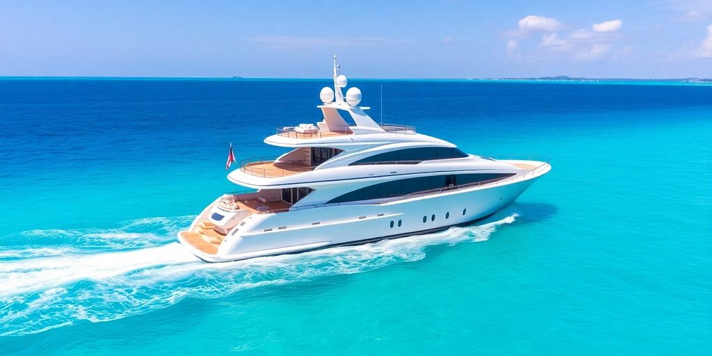 Sleek diamond yacht cruising on sparkling blue ocean.