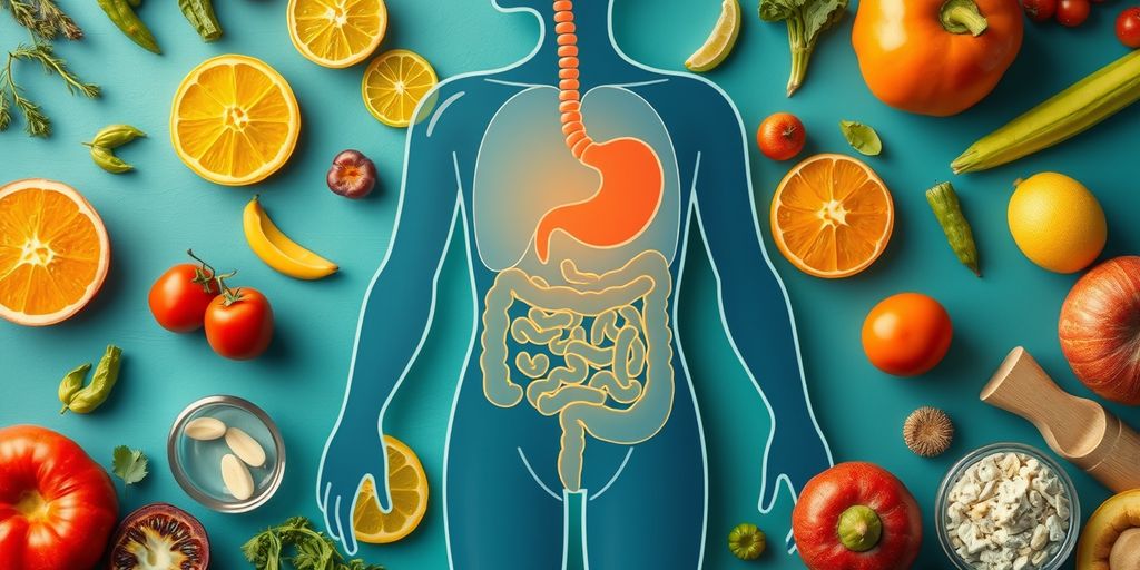 Sistema digestivo saudável com alimentos benéficos