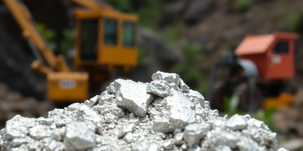 Photo de minerai d'argent et équipements miniers en arrière-plan.