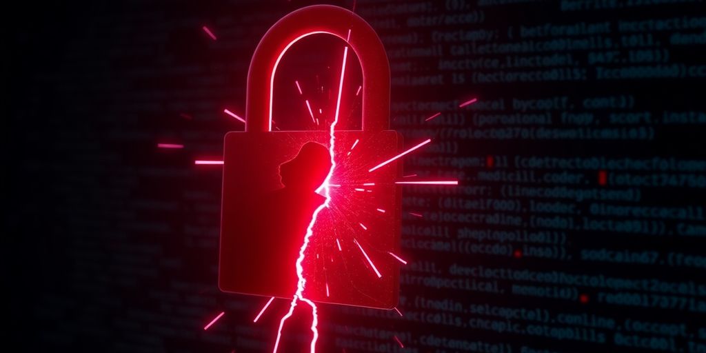 Cracked padlock with shadowy figure, code glitch effect.