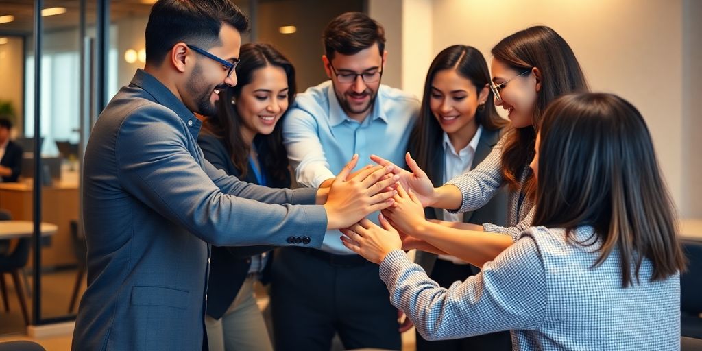 Diverse professionals collaborate, huddle, strategize for business success.