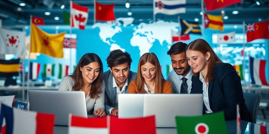 Professionals collaborating with international flags around them.