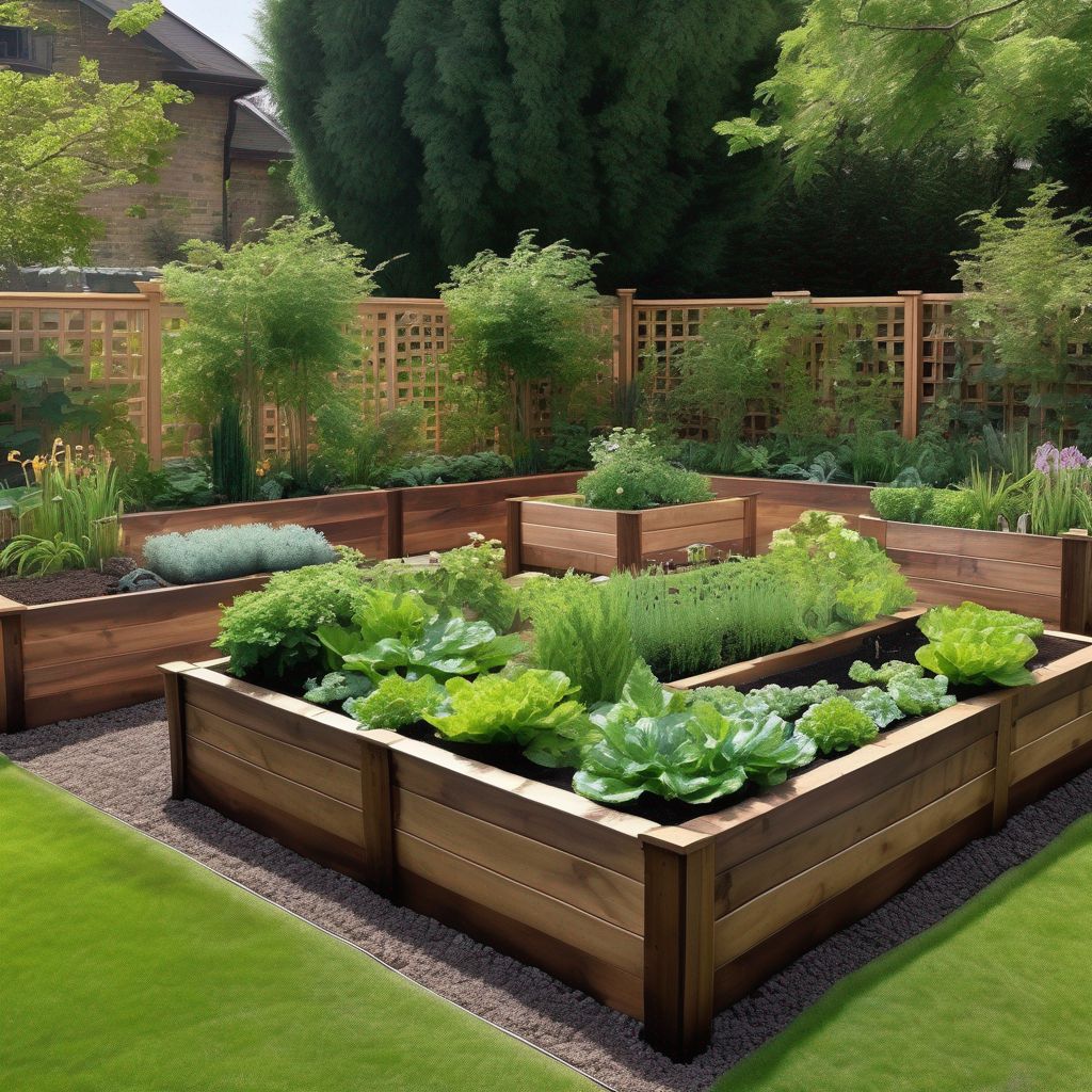 wooden raised garden beds in lush garden