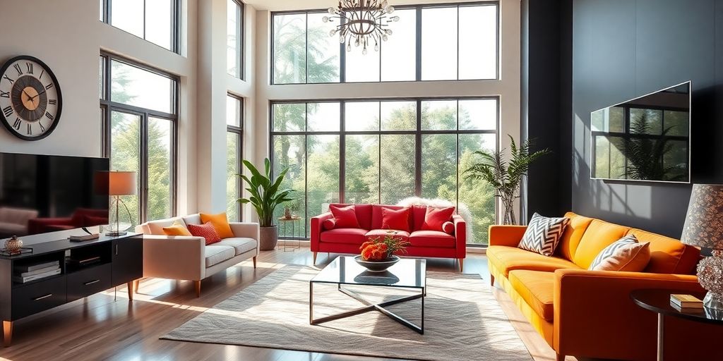 Modern living room with bright decor and natural light.