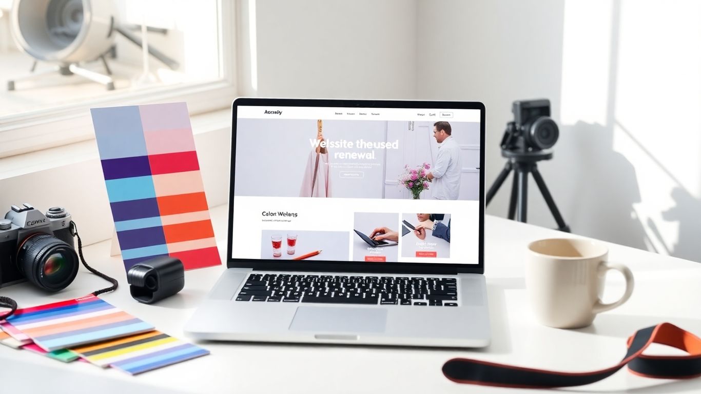 Laptop workspace with updated website and creative tools