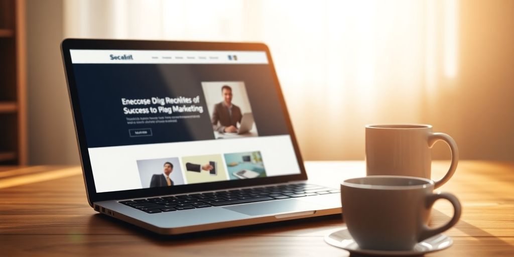 Laptop with website displayed on screen and coffee cup.