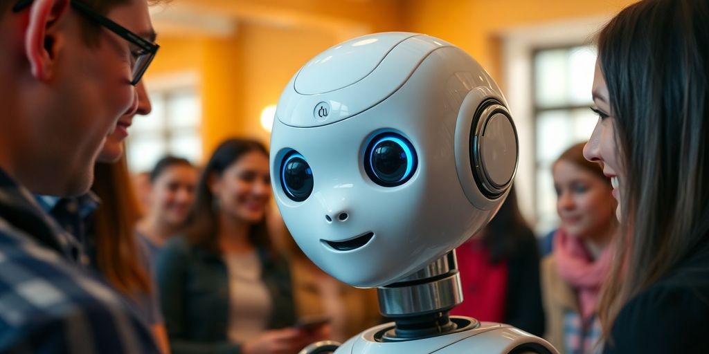 Humanoid robot interacting with people in warm setting.