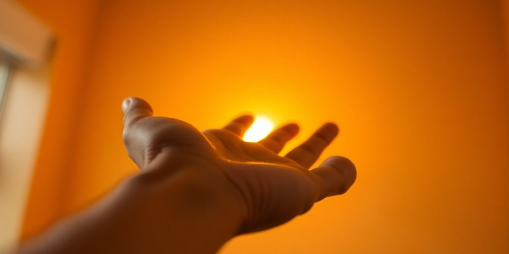Person reaching out, hand outstretched, toward a bright light
