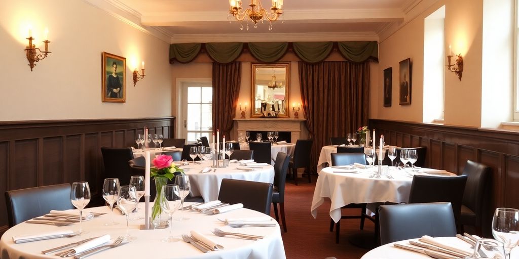 Intimate party venue with elegant table settings and decor.