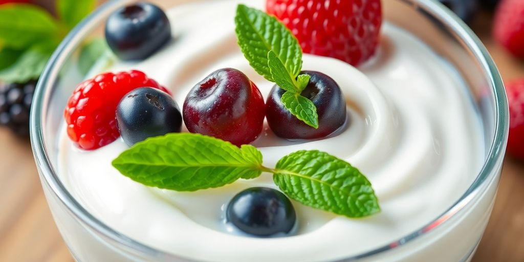 Creamy yogurt with fresh berries and mint leaves.