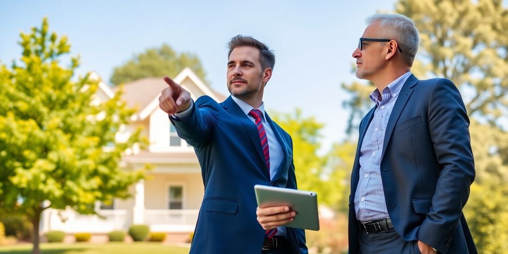 Professional broker with client discussing property.