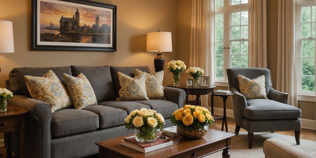 Cozy living room with warm lighting and fresh flowers.