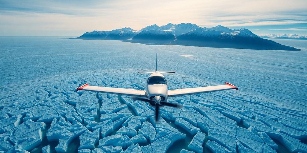 A small airplane flying over a vast Alaskan glacier.
